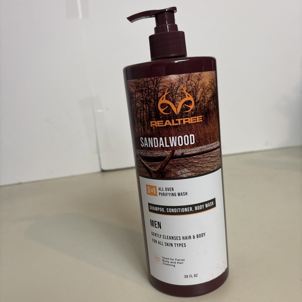 Realtree Sandalwood 3-in-1 Purifying Wash Men 33.8oz Brown Shampoo Body Wash